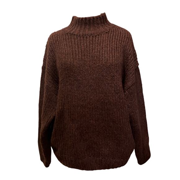 Women's Knit Mix Brown Mock Neck Drop Shoulder Thick Sweater NWT Size L - Picture 1 of 8